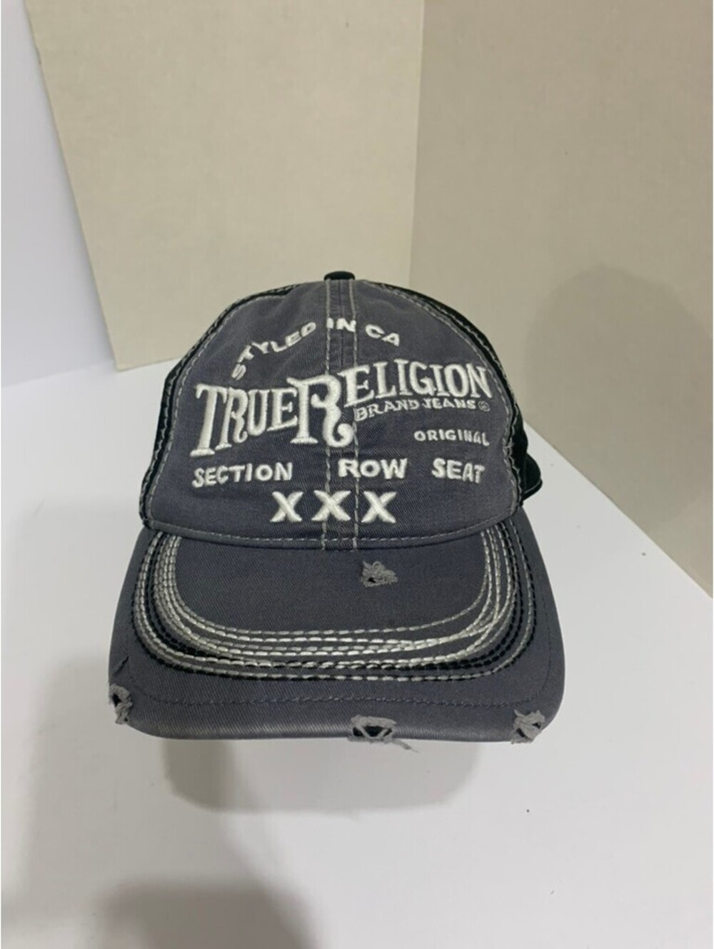 True Religion Brand Jeans Distressed Baseball Hat Gray Black Adjustable OSFA